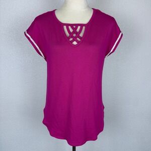 Simply Scarlett Women's‎ Pink Top Cutout Neckline Rhinestone Trim Short Sleeve